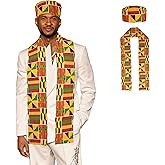 2PCS African Kente Scarf Dashiki Cloth Print Stole Sash and Kufi Hat Sets Perfect for Black History Celebrations Kwanzaa Graduation Sash Stole African Turban Clothes for Men Women
