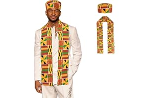 GIFFZERR 2PCS African Kente Scarf Dashiki Cloth Print Stole Sash and Kufi Hat Sets Perfect for Black History Celebrations Kwanzaa Graduation Sash Stole African Turban Clothes for Men Women