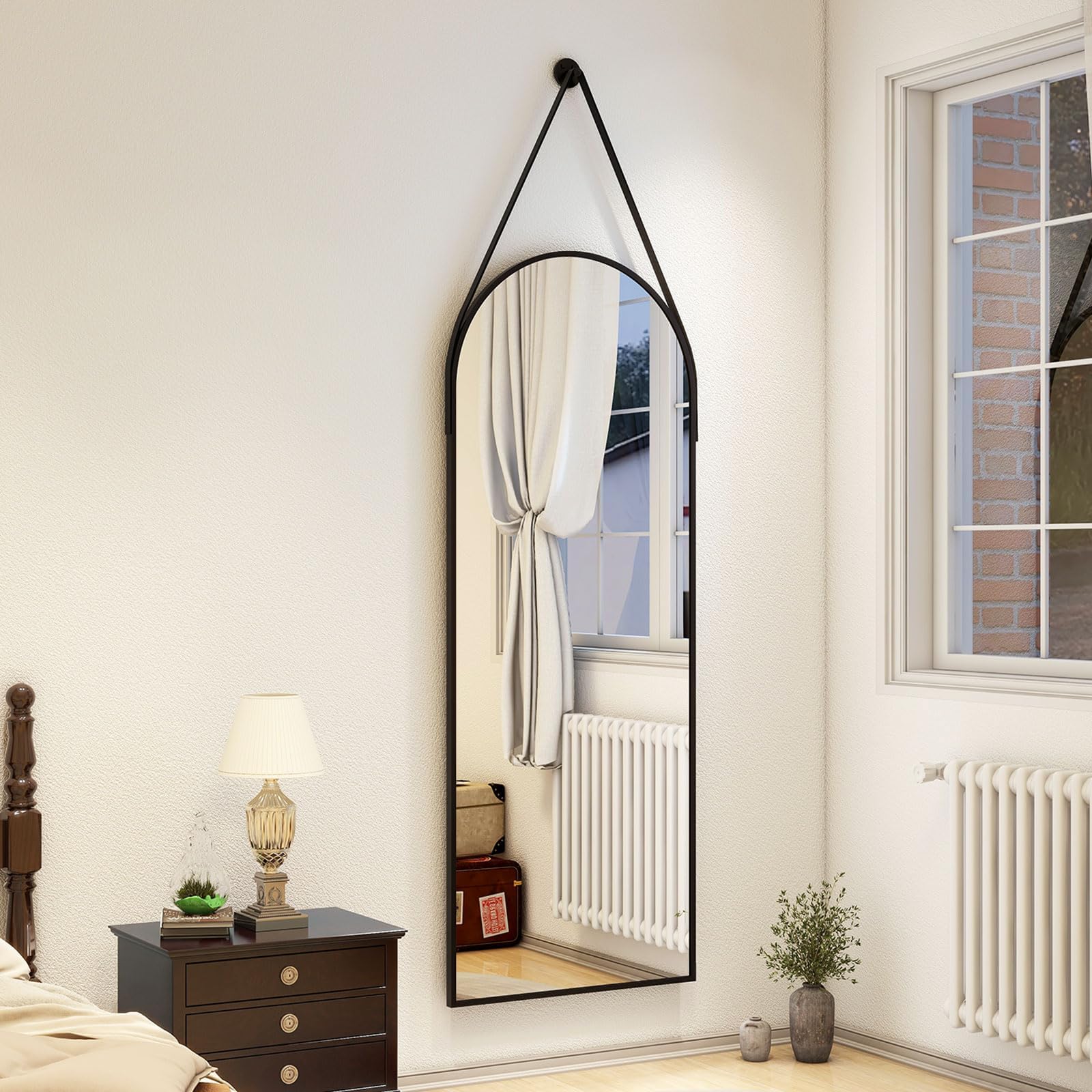 Photo 1 of 16''x48'' Full Length Mirror, Modern Arched Door Mirror Full Length with Hanging Leather Cord, Wall Mounted Mirror with Hanging Leather Strap for Bathroom Vanity Living Room Bedroom Entrance?Black