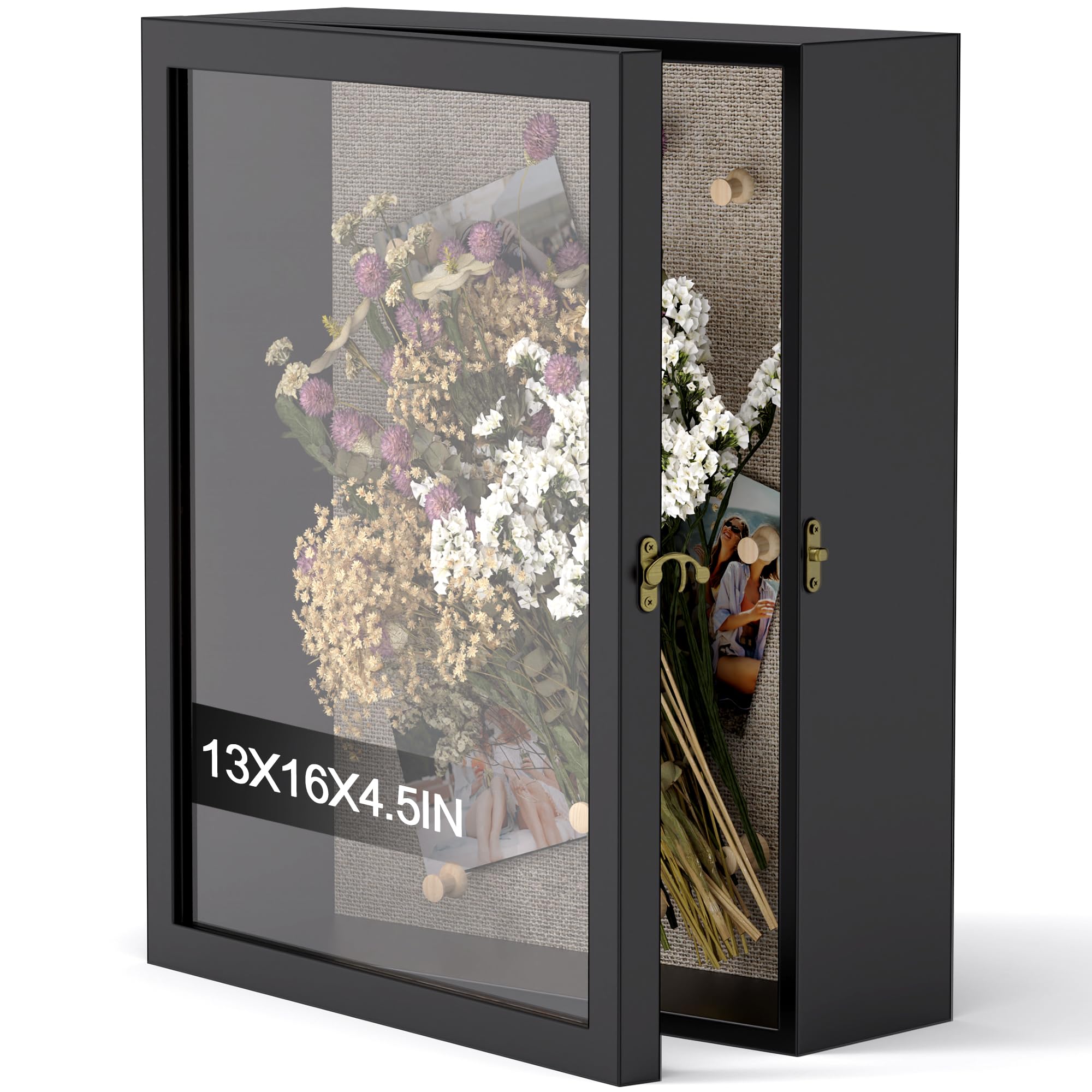 Photo 1 of 13x16 Shadow Box Frame with Acrylic Glass, Deep Large Shadow Boxes Display Cases for Tabletop and Wall Display, Memory Box for Keepsakes, Shadow Box for Flowers, Black with Linen Back