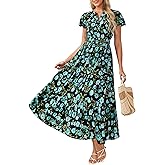 GRACE KARIN Womens Summer Maxi Dresses 2026 Floral Puff Short Sleeve V Neck Dresses Casual Wedding Guest Clothes with Pockets