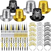 Engrowtic 208 Pcs 2026 New Years Eve Party Decorations Top Hats Headband Tiara Horns Metallic Noisemakers Black Silver Gold New Years Eve Party Supply for Holiday Favors Gifts