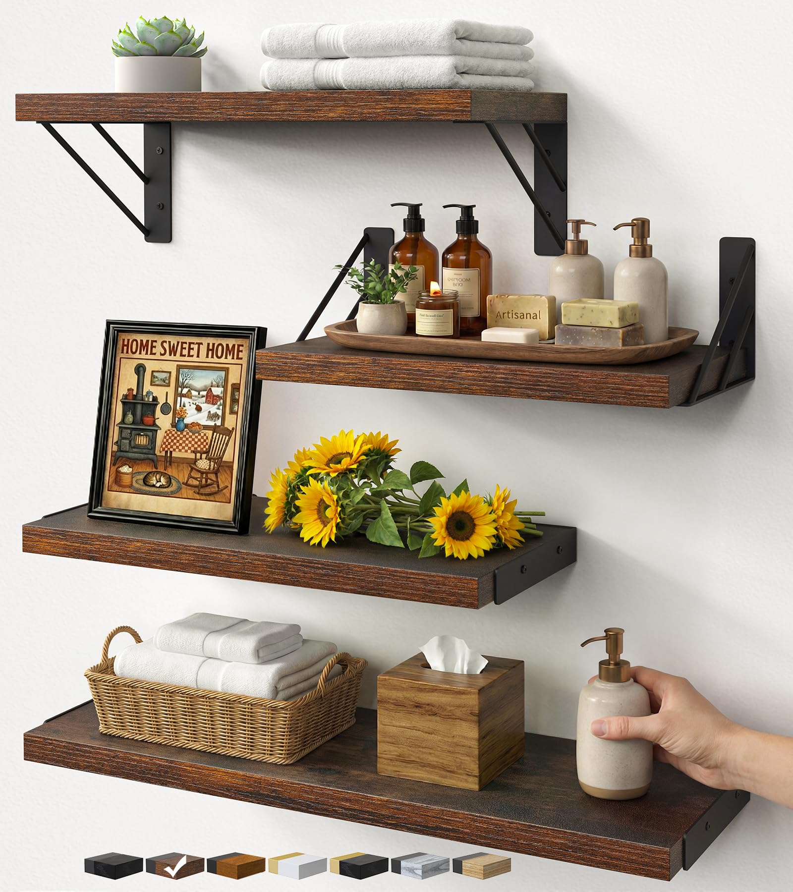 Photo 1 of BAYKA Wall Shelves for Bedroom Decor, Floating Shelves for Wall Living Room Kitchen Storage, Mounted Rustic Wood Floating Shelves for Kids Books, Corner Shelf for Bathroom(Rustic Brown?Set of 4)