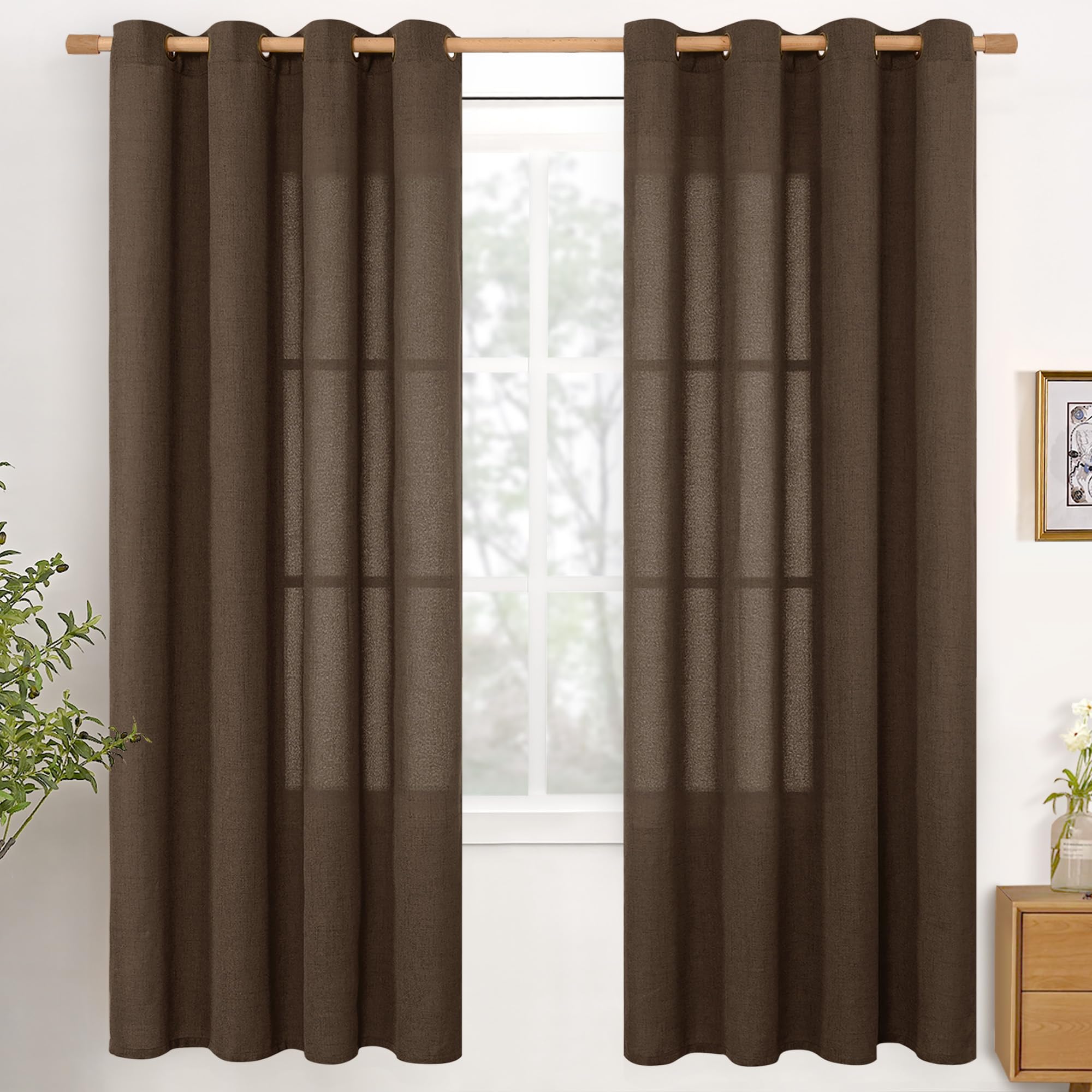 YoungsTex Brown Linen Curtains 72 Inch Length for Living Room, Light Filtering Bronze Grommet Textured Window Drapes Privacy for Bedroom Farmhouse Decorative, 52 x 72 Inch, 2 Panels Image