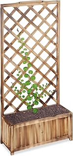 Relaxdays Rankkasten mit Rankgitter, wetterfest, Holz, f. Balkon, Garten, Rosen, 35 L Kübel, 150 cm Rankhilfe, gebrannt