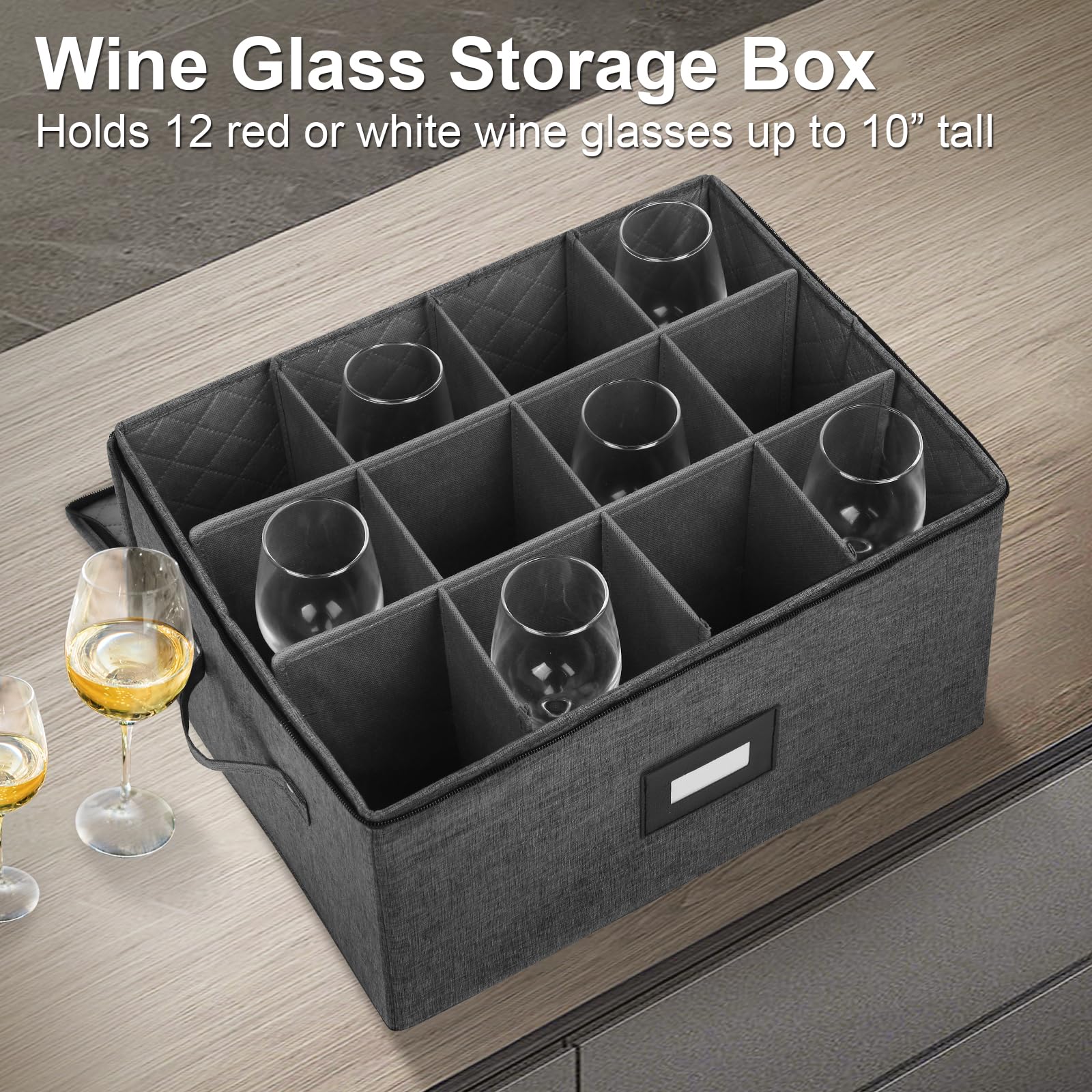 Stemware Storage Cases, Wine Glass Storage Box Containers with Dividers for Glassware Crystal Storage and Transport, Hard Shell and Stackable (Black)
