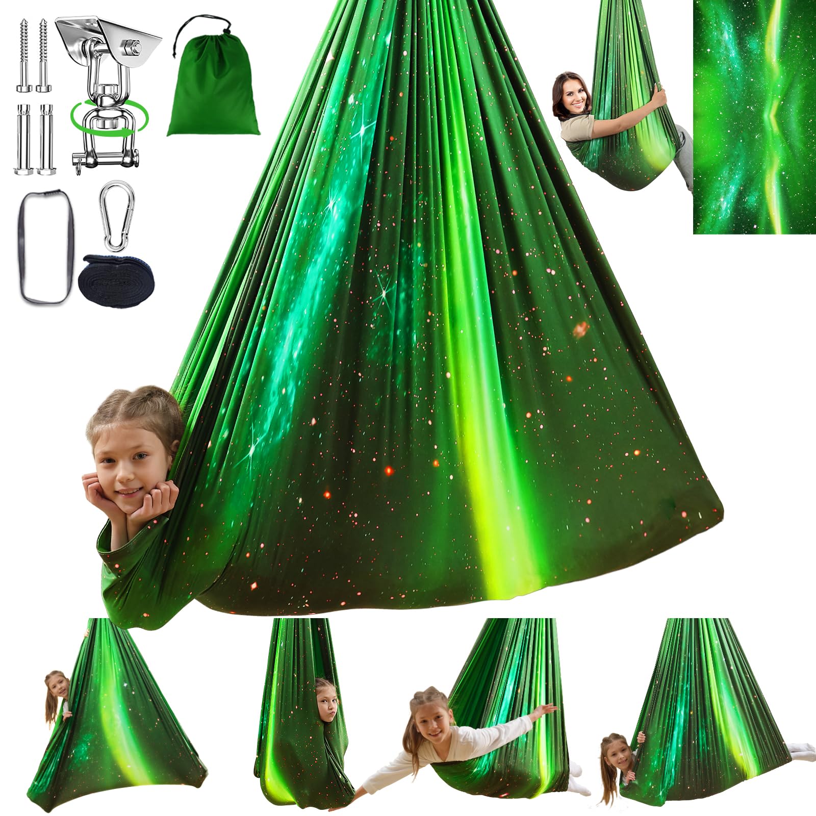 Photo 1 of ***Missing All Hardware***  Sensory Swing for Kids Indoor & Outdoor Double Layer Therapy Cuddle Hammock Chair with 360 Swivel Hanger Kit Adjustable Swing for Child and Adult with Aspergers Autism ADHD (Aurora Green)