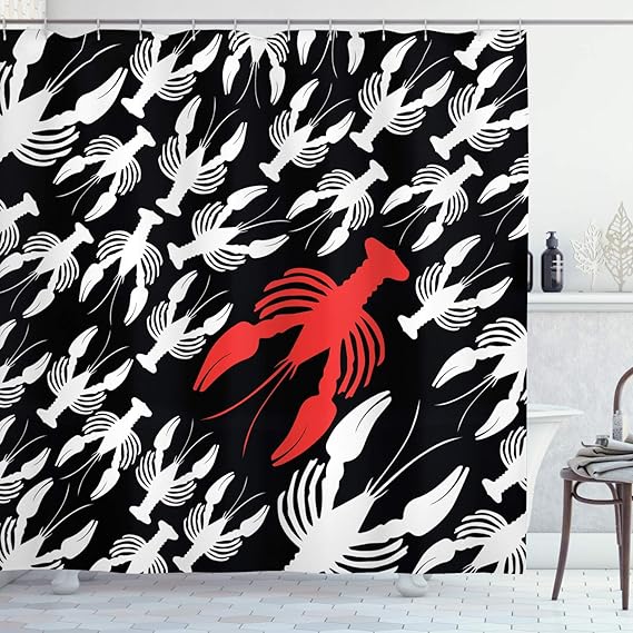 ABAKUHAUS Lobster Shower Curtain, Silhouette Ocean Fauna, Cloth Fabric