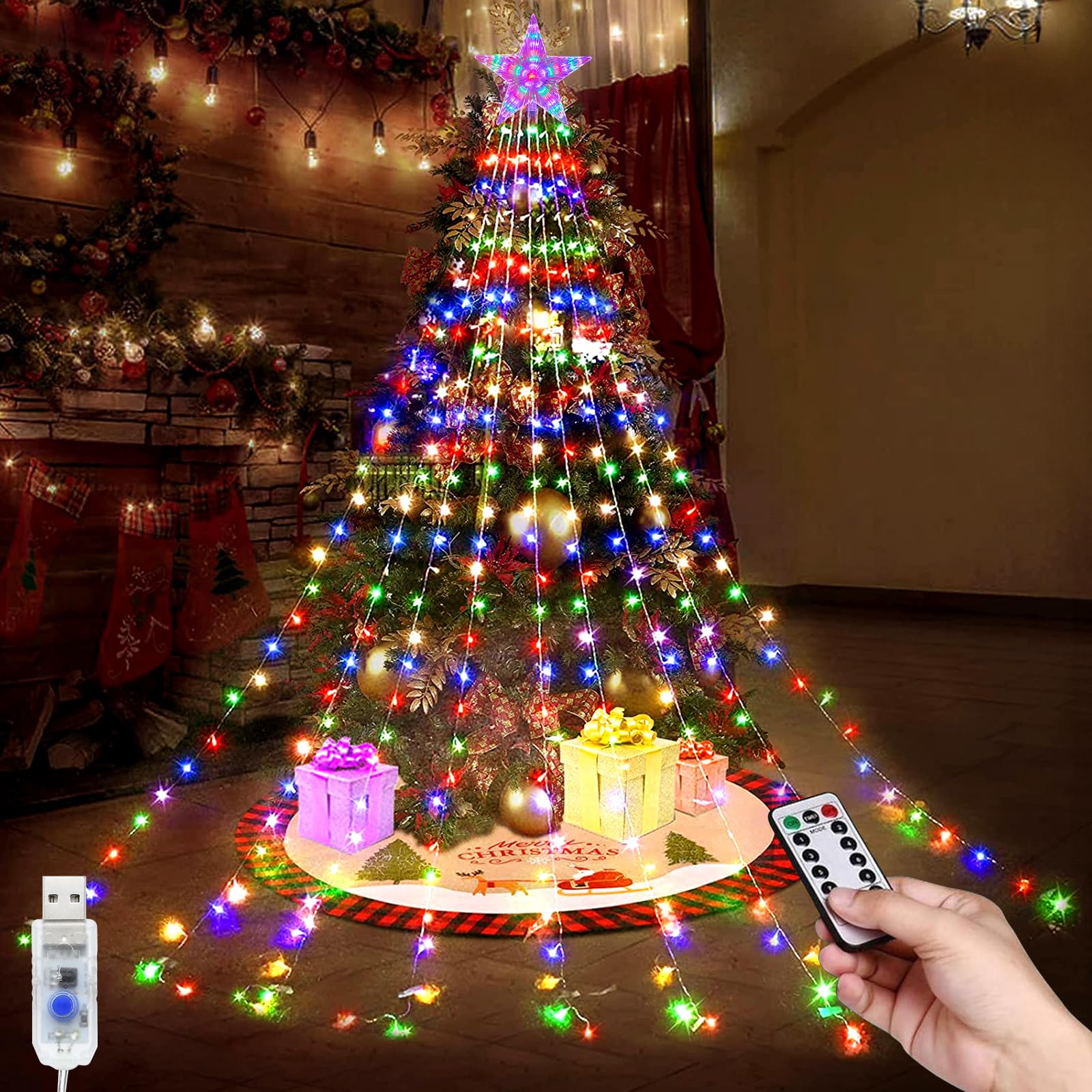 USB Waterfall String Light, 6.6 ft 9 Strand 198 LED String Light with Topper Star, 8 Modes Christmas Decorations with Remote