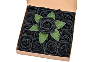 BLEUM CADE 16Pcs Artificial Flowers Fake Roses with Stems, Black Boxed Foam Roses for DIY Bouquets Centerpieces Wedding Party Arrangement Bridal Shower Decor
