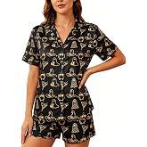 COMIZI Halloween Pajamas Set Women Ghost Pumpkin Button Shirt and Short Set | Halloween pjs 2 piece short sleeve pajamas tops matching shorts sets, for Halloween parties, sleepwear, lounge, daily wear