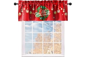 Cuteiush Christmas Valances Wreath Window Short Curtain Valances for Kitchen Bathroom, Rod Pocket Christmas Ornament Ball Small Window Treatment Valances 52x18inch, Red