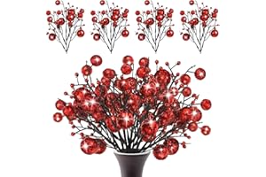 Geosar 24 Pieces Christmas Glitter Berries Stems 10 Inch Christmas Berry Picks Artificial Glittered Berries Ornaments Floral Stems for Xmas Tree,Home Wreath,Party Decoration(Red)