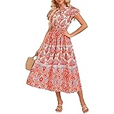 GRACE KARIN Women's Floral Boho Dress Hawaiian Dresse Short Sleeve V Neck Summer Beach Wedding Guest Swing Maxi Sundress