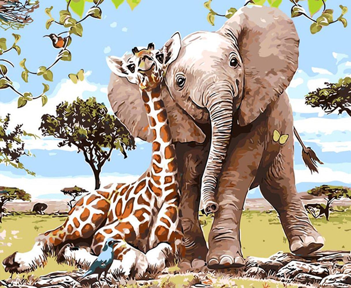 5D Diamond Painting by Number Kit, Full Drill The Giraffe and The Elephant Rhinestone Embroidery Cross Stitch Supply Arts Craft Canvas Wall Decor