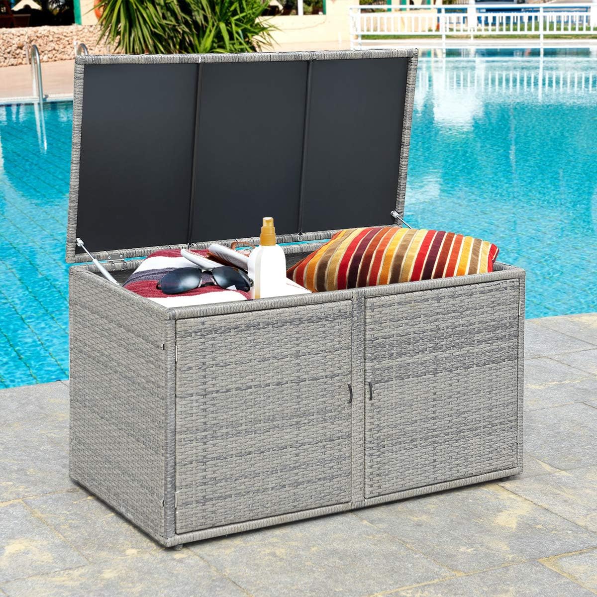 Tangkula Outdoor Wicker Storage Box, Garden Deck Bin with Steel Frame, Rattan Pool Storage Box with Lid, Ideal for Storing Tools, Accessories and Toys, 88 Gallon Capacity (Grey): Home Improvement