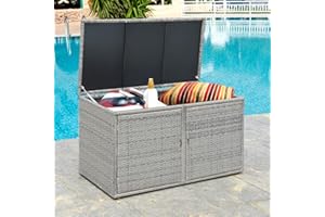 Tangkula Outdoor Wicker Storage Box, Garden Deck Bin with Steel Frame, Rattan Storage Box with Lid, Ideal for Storing Tools, Accessories, 88 Gallon Capacity (Grey)