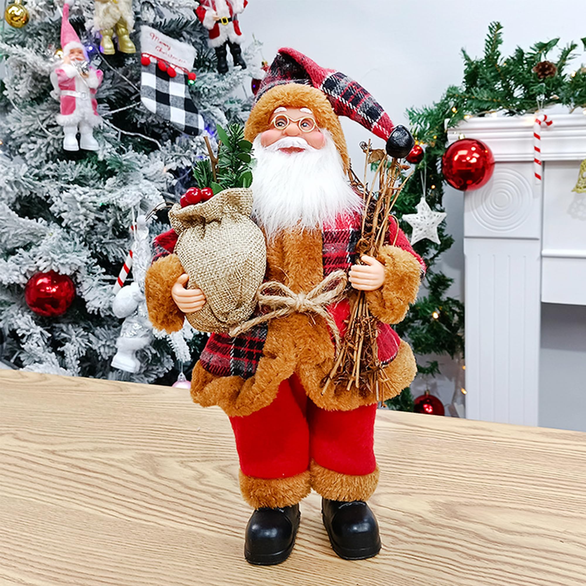 XFLYP Santa Claus Figurine, Father Christmas Standing Ornament, Holiday Statue, Ornament for Living Room, Desktop Decor, Fireplace, Parties, Gifts 12 Inch (Checkered)