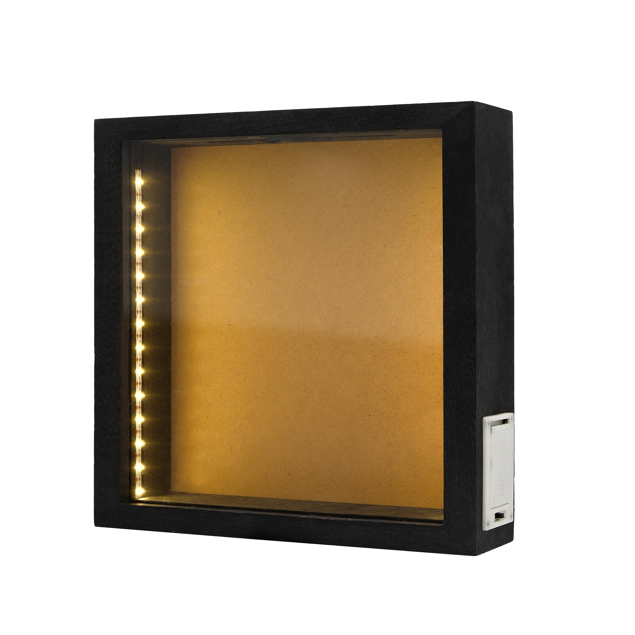 hvfun 10"X10" Rustic Black Wood Shadow Box with Lights,LED-lit Display case for Wine Corks, Tickets, and Creative Exhibits,Artistic Presentations