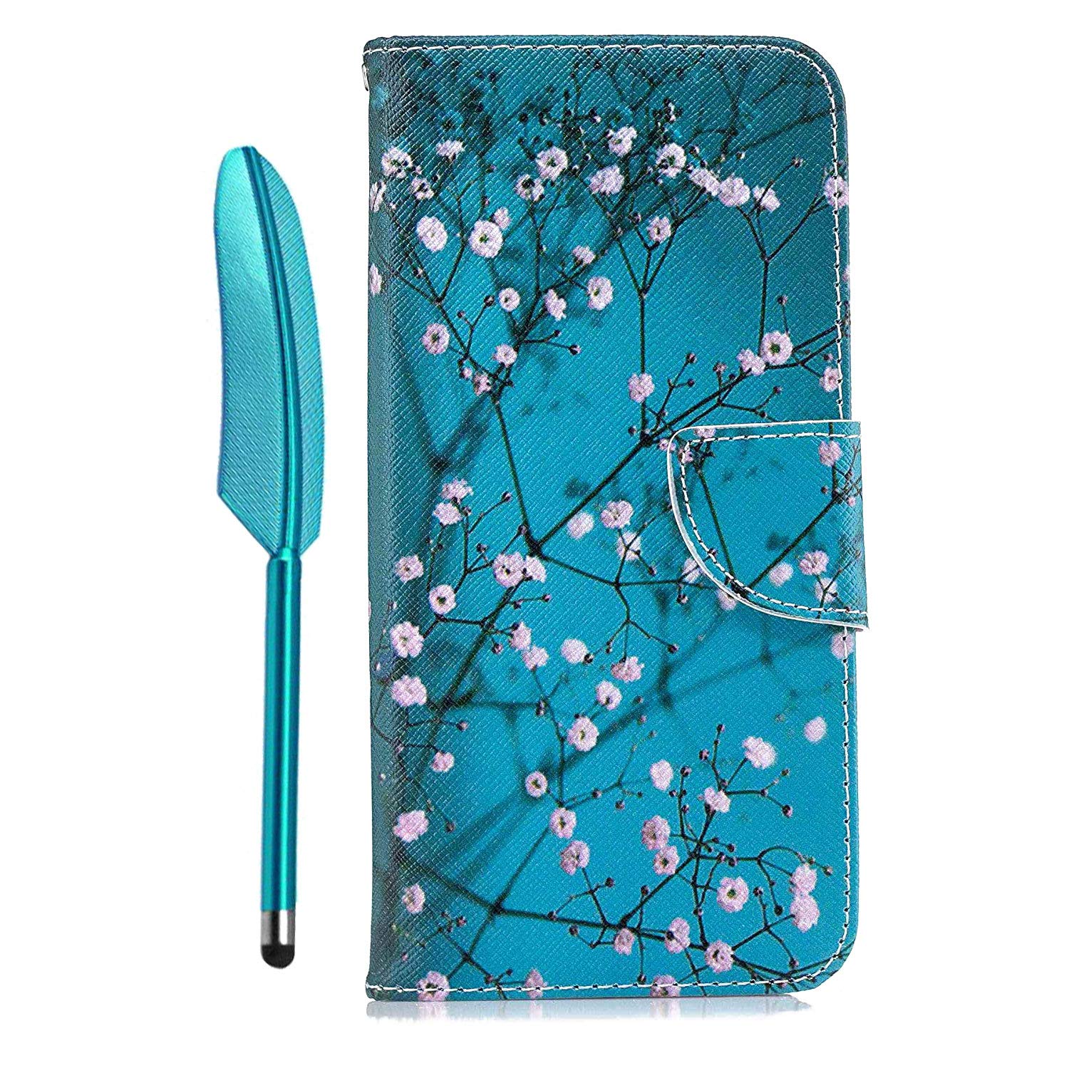 Reevermap Huawei P Smart 2019 Case Honor 10 Lite Phone Case Flip PU Leather Wallet Magnetic Kickstand Cover for Huawei P Smart 2019/ Honor 10 Lite & One Touch Pen, Pink Flower at Green Background