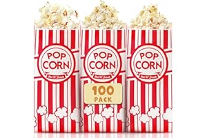 Alitte Paper Popcorn Bags (100-Pack) 1 oz Individual Servings - Leakproof Bottom, Holds 4 Cups of Popcorn - Classic Red and White Stripes, for Movie Night, Carnival, Party, Theater, and Snack Bars