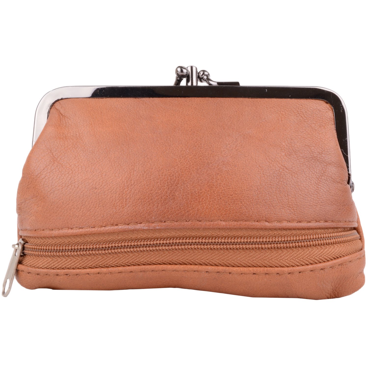 Womens Super Soft Nappa Leather Double Clip Frame Purse/Coin Holder - Tan