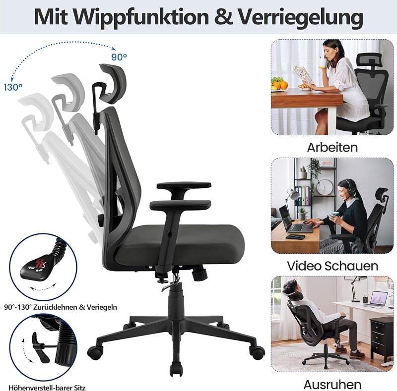 Bürostuhl ergonomischer schreibtischstuhl mit Verstellbarer Kopfstütze & Lendenwirbelstütze, atmungsaktiver Netzstuhl mit breitem Sitz, S-förmige Rückenlehne, 360° drehbar Schwarz