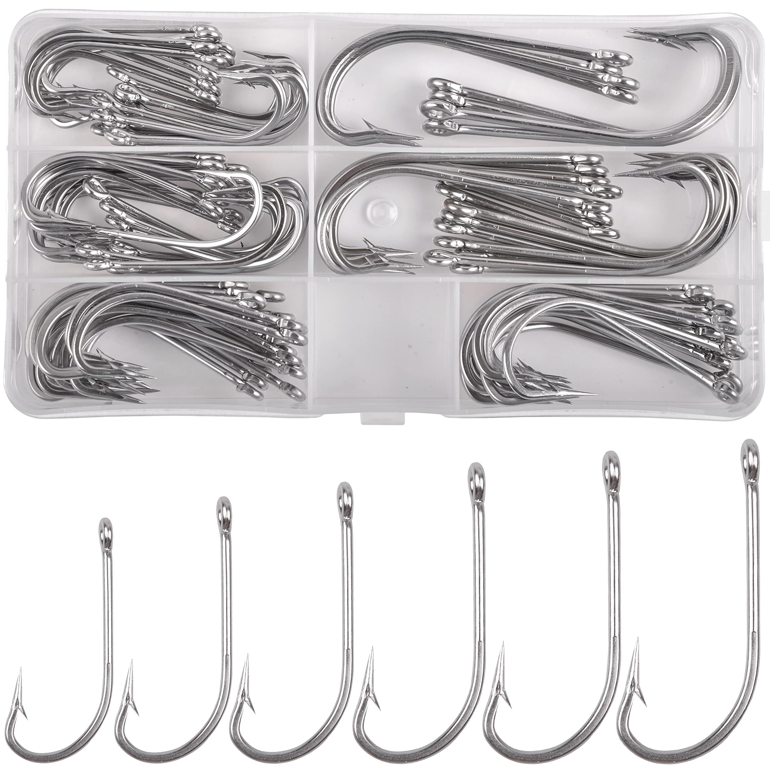 100pcs Stainless Steel Saltwater Fishing Hooks Kit Strong O'shaughnessy Forged Long Shank Fishing Hooks for Saltwater Freshwater