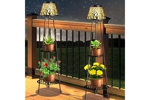 Candieslife 2 Pack Outdoor Solar Lights with Plant Stands, 45.5" Metal Solar Floor Lamps Waterproof Solar Garden Lights for Patio Deck Yard Garden Porch Backyard Decor (Black)