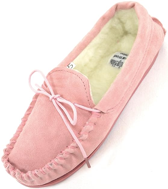 Buy Ladies/Womens Genuine Suede Leather Moccasin/Slippers with Warm Wool Lining - Pink - US 6 at ...