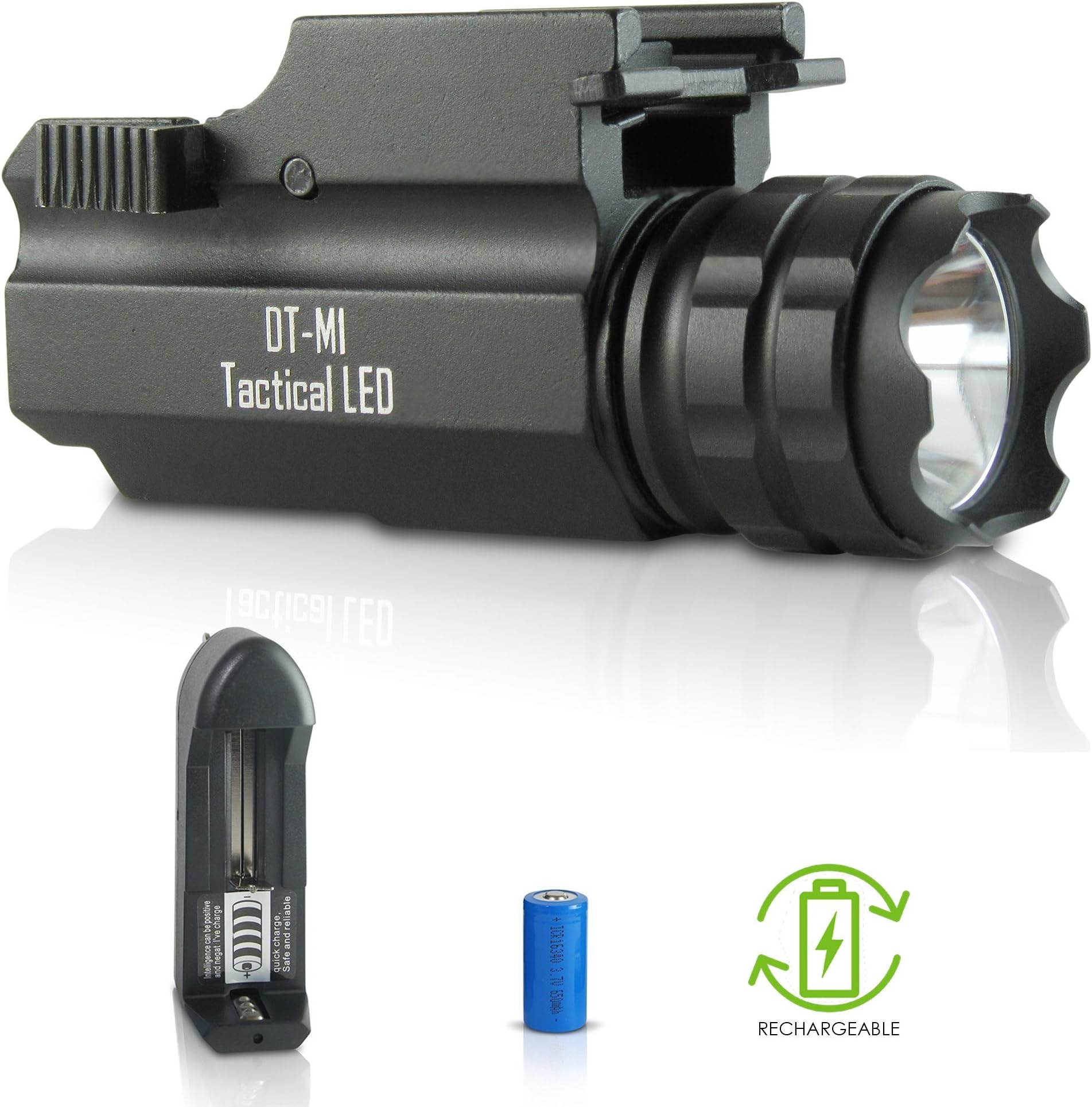 DefendTek Rechargeable Gun Flashlight Tactical LED Rail Mounted DTM1 300 Lumens Fits Glock Taurus Ruger Springfield H&K S&W Picatinny