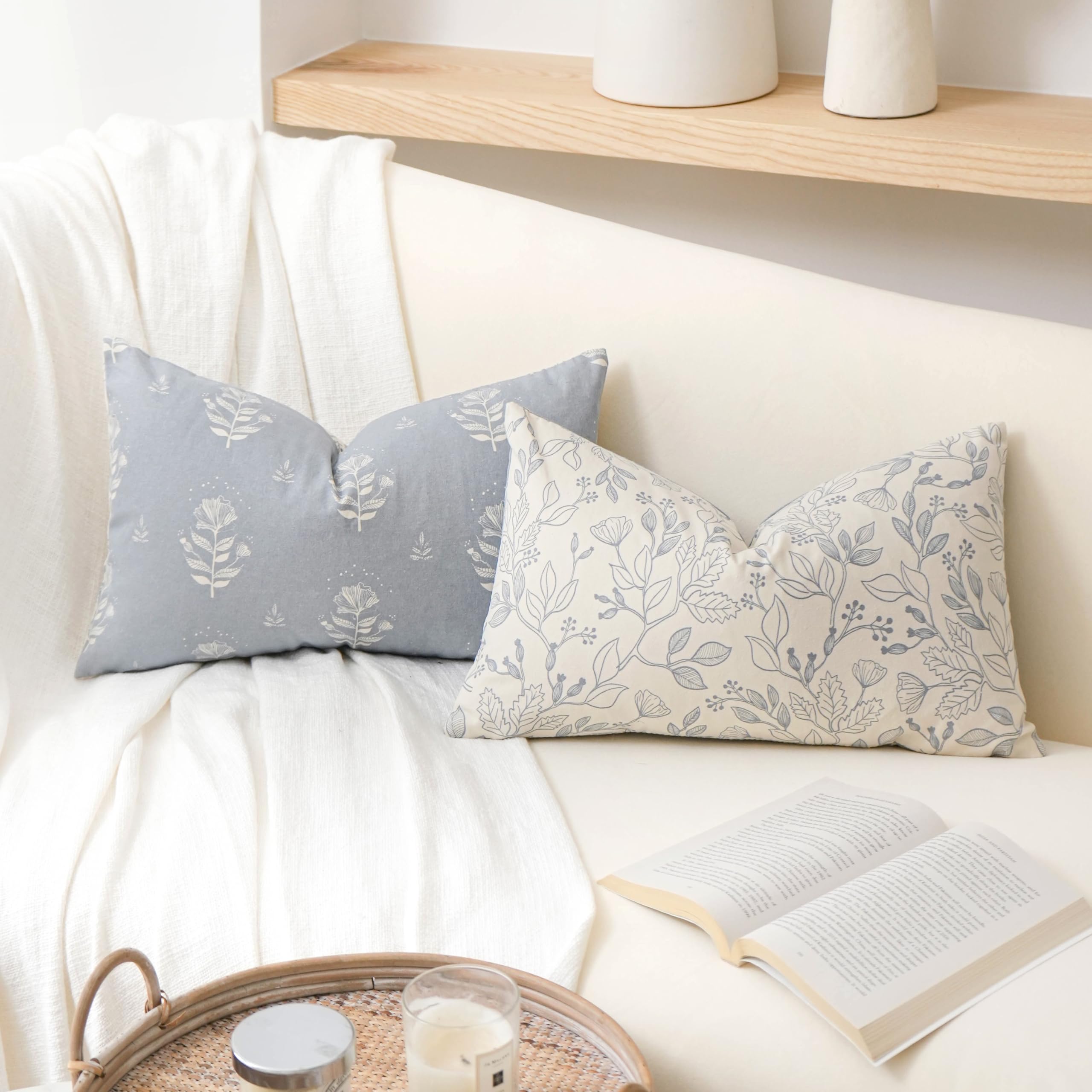 Photo 1 of SageSelvas Farmhouse Decorative Lumbar Throw Pillow Cover 12X20 Set of 2, Floral Coastal Blue Cotton Accent Lumbar Throw Pillow for Couch Sofa Living Room, Cover ONLY