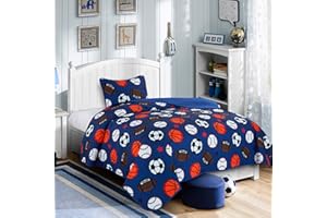WPM WORLD PRODUCTS MART Blue Twin Quilt Set, Football Baseball Print Quilt Set Basketball Sports Soccer Fan Theme Bedspread for Twin Bed Quilted with Pillow Sham(Football, Twin)