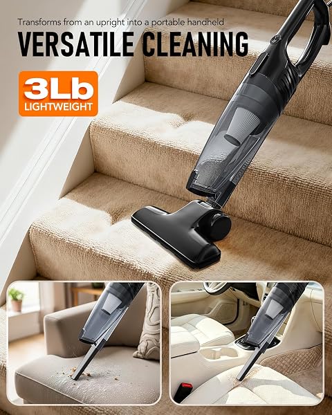 AVVNEE CORDED STICK VACUUM CLEANER, 15000PA STRONG SUCTION 600W MOTOR, ULTRA-LIGHT 3 LBS BAGLESS VACUUM FOR HARD FLOORS, LOW-PILE RUGS & PET HAIR, CREVICE TOOL, 1L DUST CUP, 16.7FT CORD (BLACK)