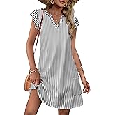 OFEEFAN Spring Summer Dresses for Women 2026 Casual Ruffle Sleeve V Neck Loose Swing Sundresses with Pockets Plain/Print