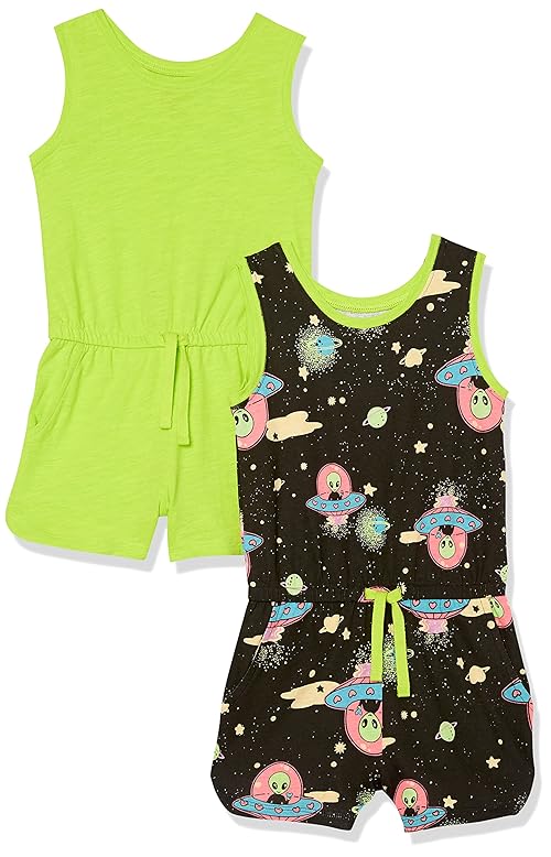 Amazon Essentials Girls' Knit Sleeveless Rompers (Previously Spotted Zebra), Pack of 2, Black Aliens/Neon Lime Green, XX-Large
