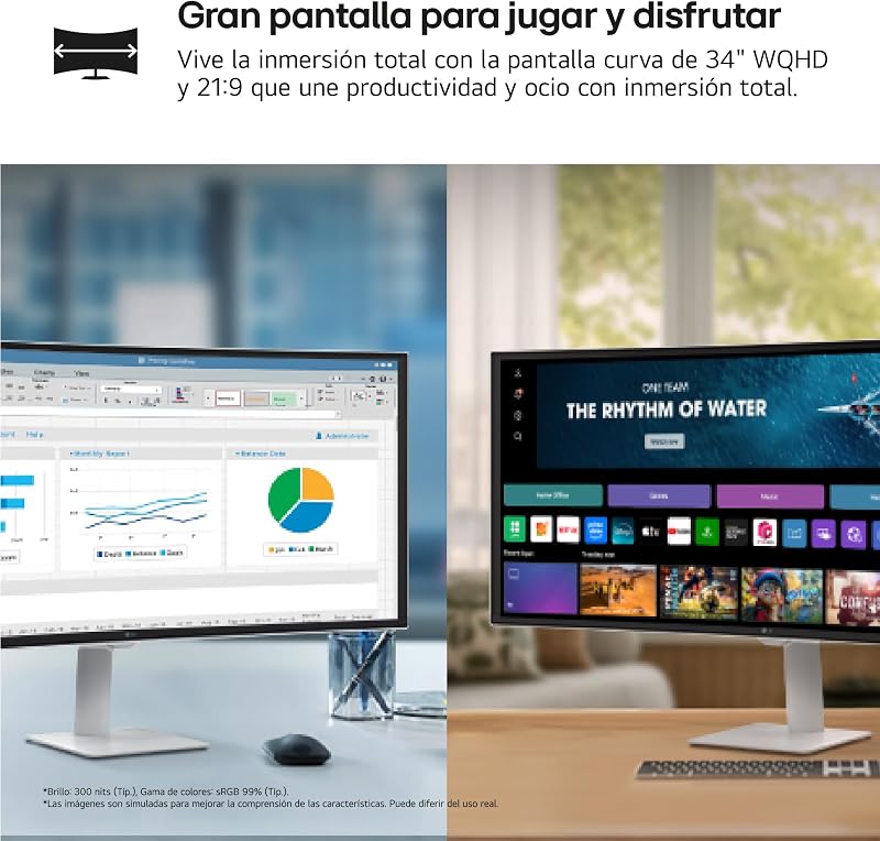 34U601SA-W - Smart Monitor 34" VA Panel (3440 x 1440), 100 Hz, 5 ms (GtG), webOS 24, Touch Screen, 4K, Inclui Canais e Portal Gaming, Inclinação Ajustável, Branco