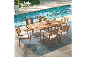 OC Orange-Casual 7 Piece Patio Dining Set, Outdoor Acacia Wood Furniture Set, Extendable Rectangular Table and 6 Stackable Chairs w/Removeable Fabric Cushion, White Cushion