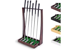 GoSports Premium Wooden Golf Putter Stand - Indoor Display Rack, Holds 6 Clubs - Black, Natural, Brown, White