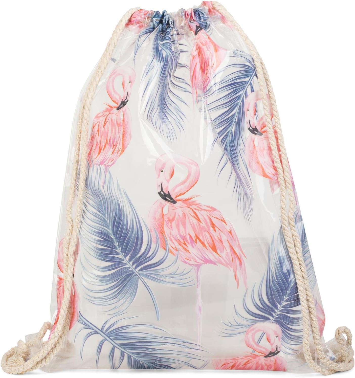 styleBREAKER transparent gym bag with flamingo and palm print, waterproof, sports bag, rucksack, bag, unisex 02012250, color:Pink-Blue