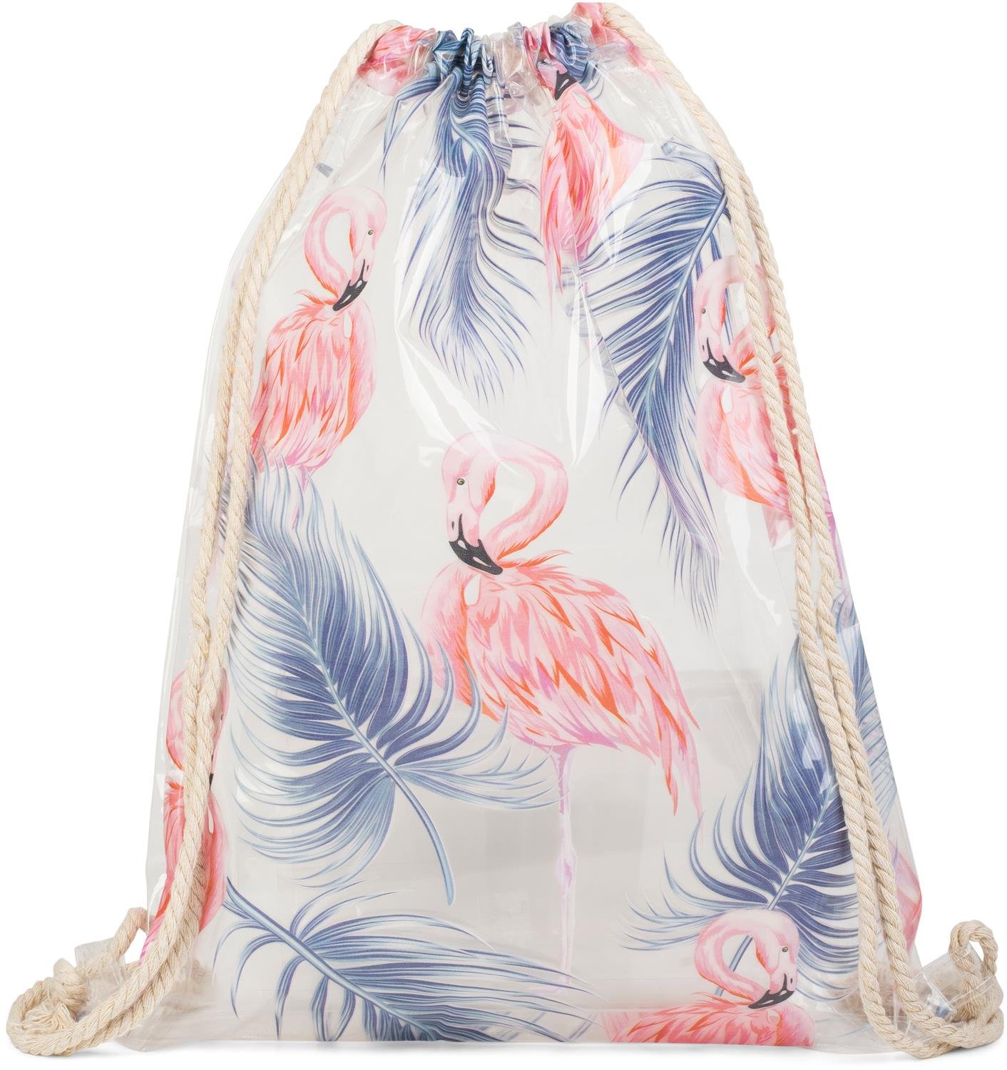 styleBREAKER transparent gym bag with flamingo and palm print, waterproof, sports bag, rucksack, bag, unisex 02012250, color:Pink-Blue