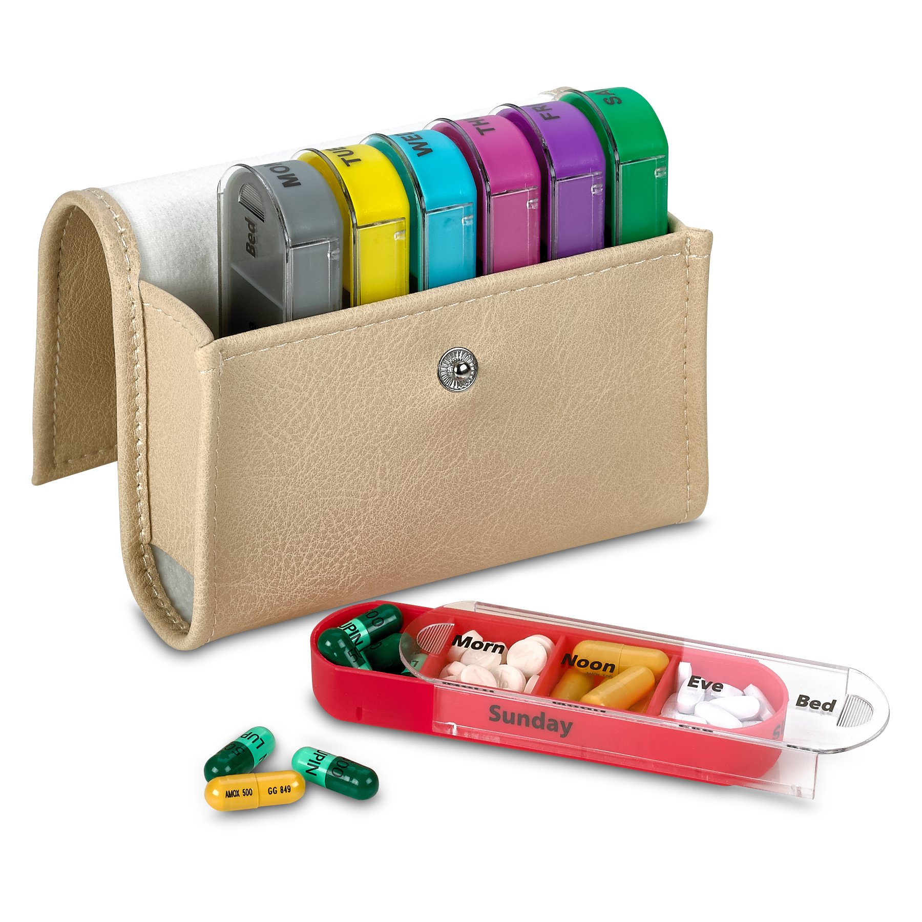 KOVOT Pill Organizer Wallet, Brown Leather Travel Case and Portable Pill Box Tray