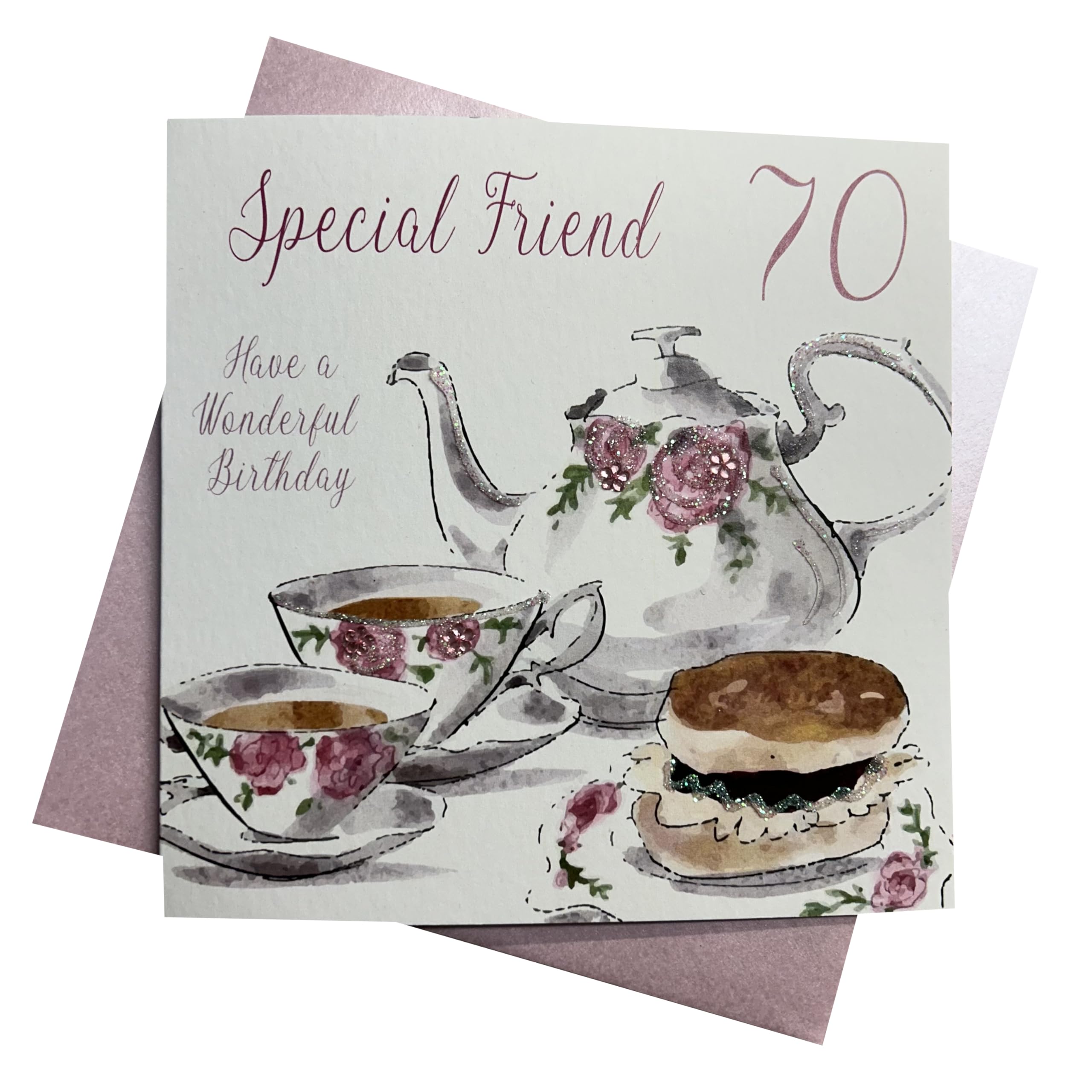 white cotton cards "Tea and Cakes, Special Friend 70 Have a Wonderful Birthday Handmade 70th Birthday Card, White, wb200-70