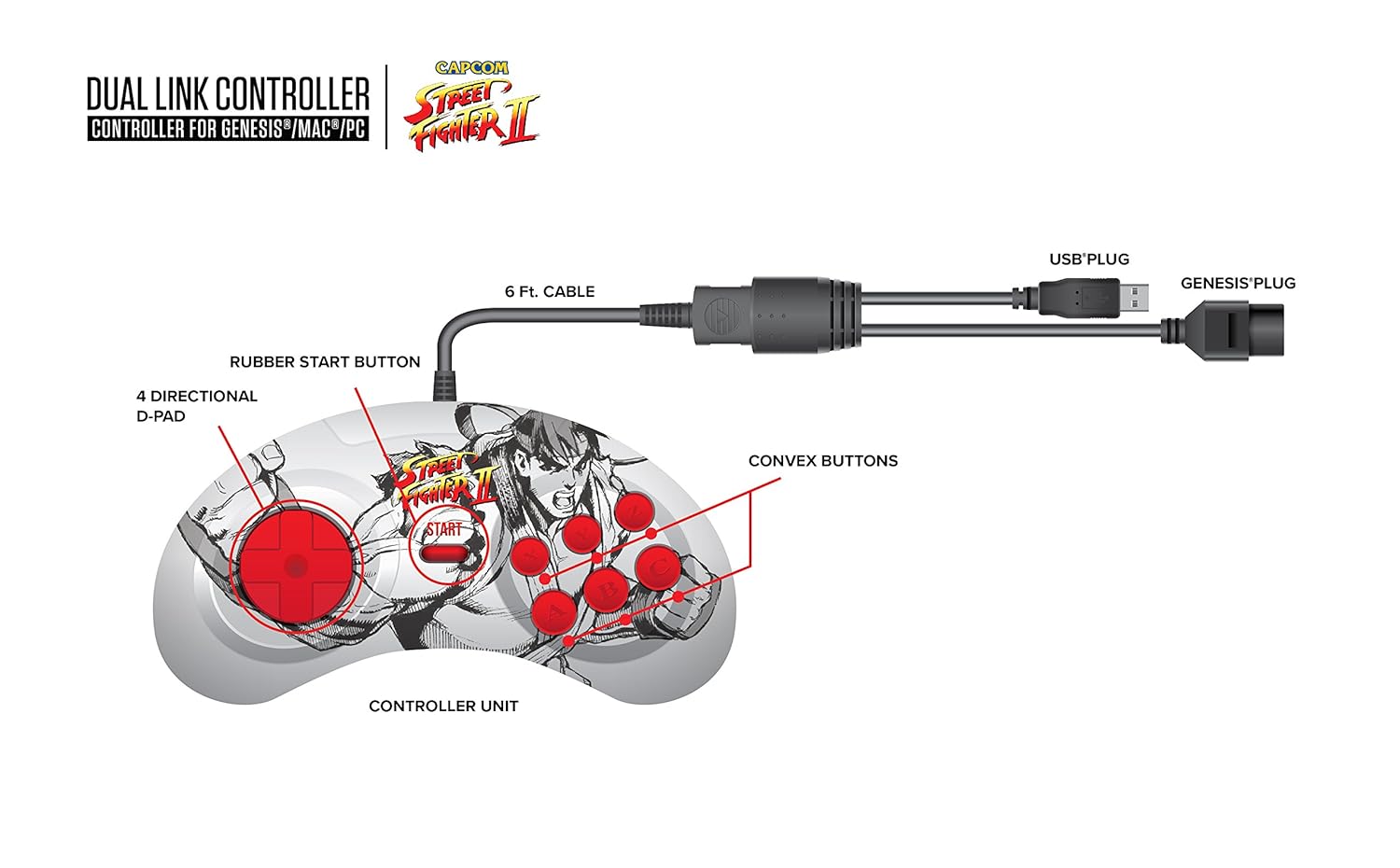 Retro-Bit Street Fighter Genesis & USB Dual Link Controller for PC, Mac - Sega Genesis: Video Games