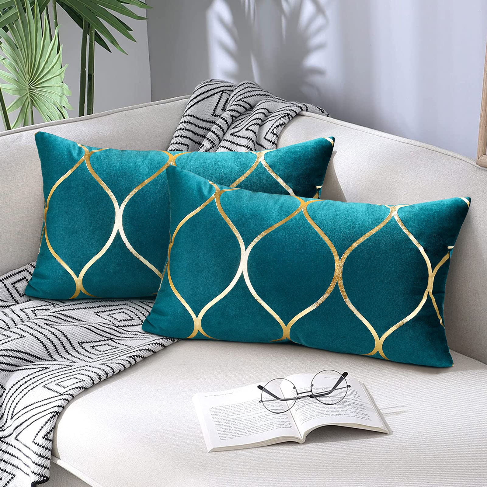 Hanrunsi Oblong Cushion Covers Teal Blue with Gold 12x20 Inch Velvet Throw Pillowcase Decorative Cushions for Office Sofa Bedroom 30cmx50cm Pack of 2