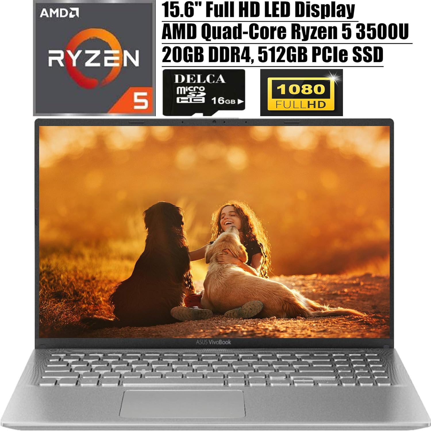 Asus Vivobook 15 Premium Laptop Computer I 15.6" FHD Display I AMD Quad-Core Ryzen 5 3500U (> i7-7500U) I 20GB DDR4 512GB PCIe SSD I Webcam AMD Radeon Vega 8 USB-C Win 10 + Delca 16GB Micro SD Card