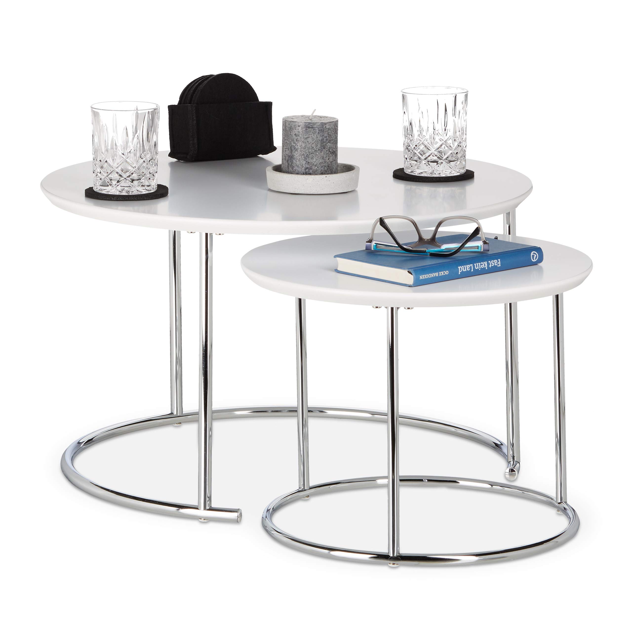 Relaxdays Round Side Tables Set of 2, Small Matt Coffee Table, Nesting Tables, Wood and Metal, Chromed, 60x60 cm, White