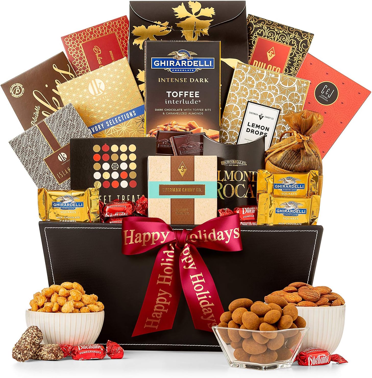 GiftTree Grand Reception Happy Holidays Gift Basket | Ghiradelli Chocolate, Peach Rings, Lemon Drops, Tropical Mix, Assorted Nuts, Chocolate Chip Cookies & More