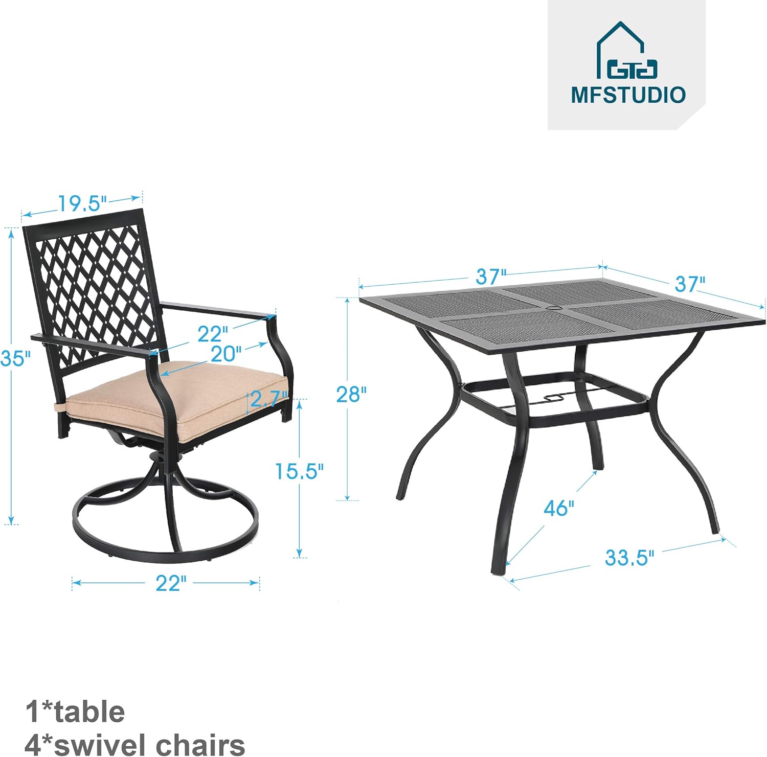 Set Of 5 Mfstudio Metal Patio Dining Sets Club Bistro Bar Sets 4 Piece Metal Dining Chairs With 2 7 Thick Cushions And Larger Square Table Furniture Set Steel Frame Patio Lawn