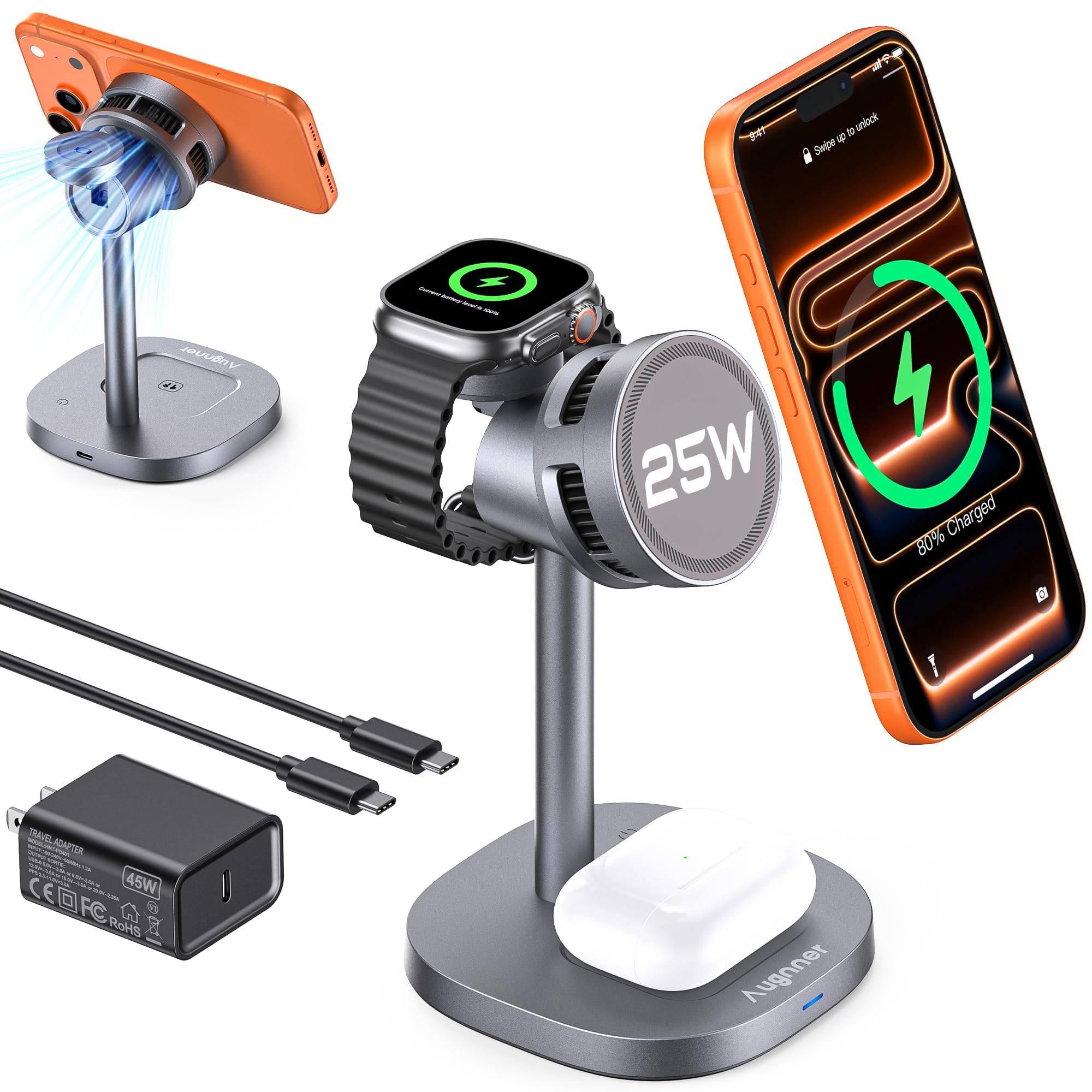 Augnner 3 in 1 Wireless Charging Station, Qi2.2 25W Certified Fast Magnetic Charger, Mag-Safe Wireless Charger Stand with TEC Active Cooling, for iPhone17/16/15/14/13/12, Apple Watch/AirPods